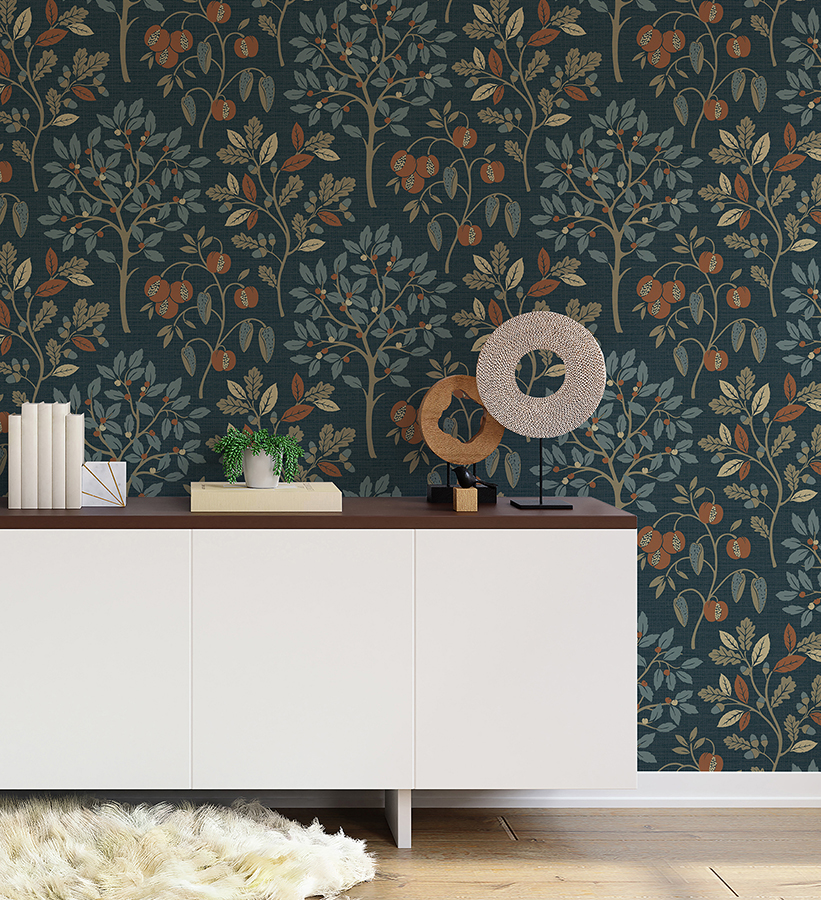 M1761 - Rowan Navy Autumn Trees Wallpaper - by Fine Décor