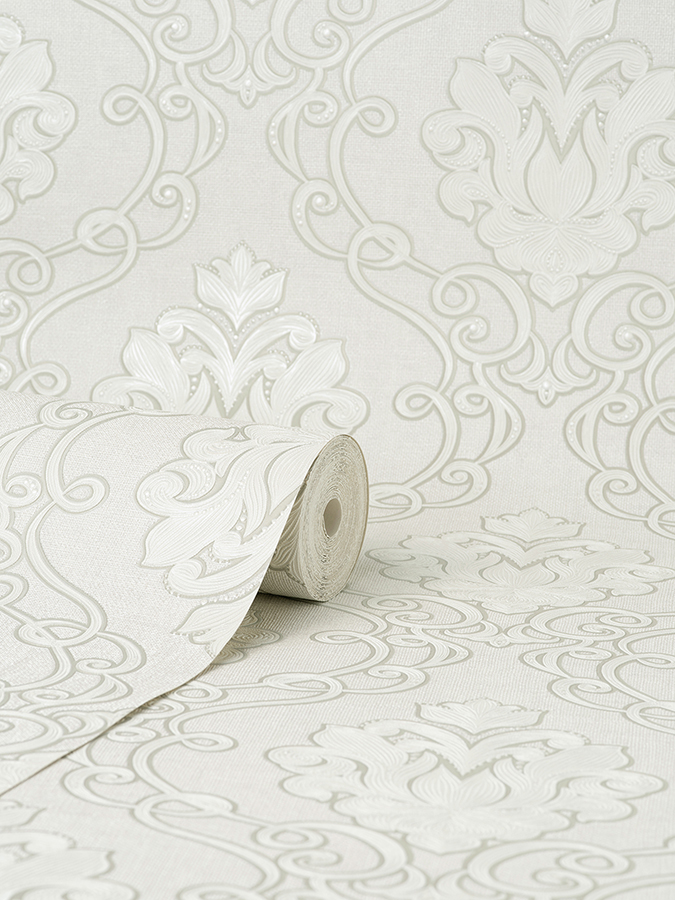 M95657 - Florentine White Damask Wallpaper - by Fine Décor