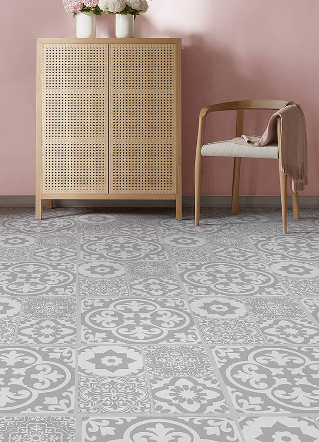 thumbnail image 2 of Jamila Grey Peel & Stick Floor Tiles - 12x12 Inch Mosaic Pattern FloorPops FP6300 2 of 14