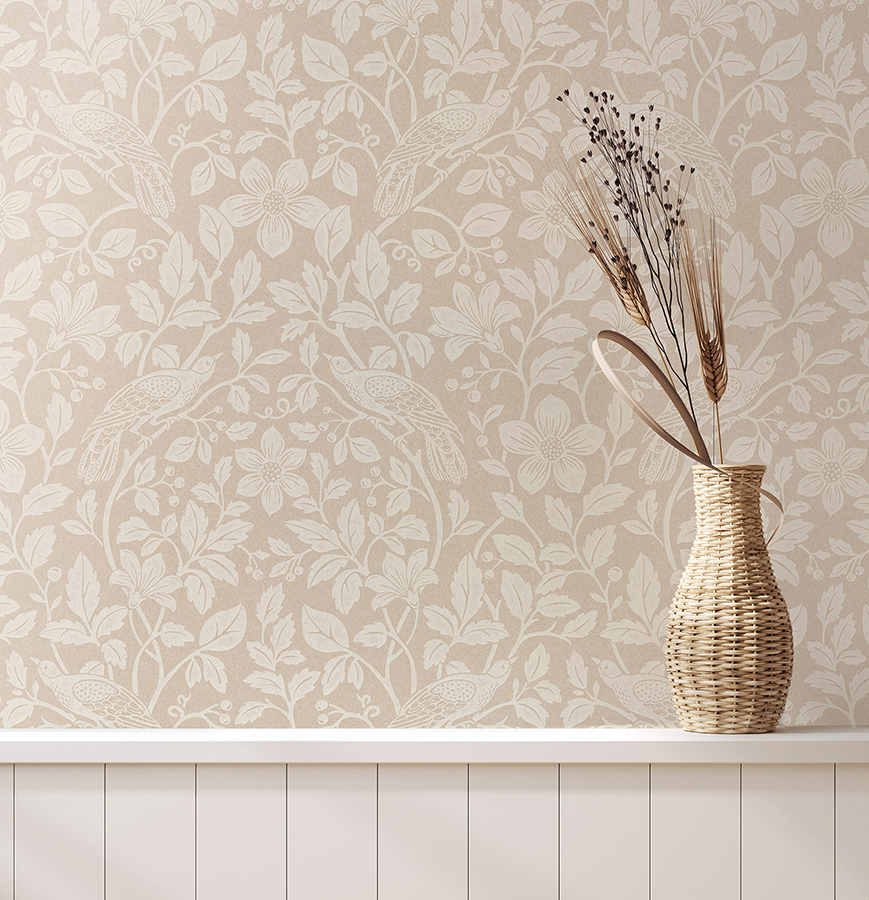 4164-M1817 - Marlow Beige Bird Vine Wallpaper - by Advantage