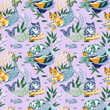 Picture of Meowing Mermaids Lavender Peel and Stick Wallpaper