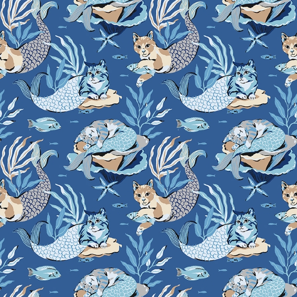 Picture of Meowing Mermaids Blue Peel and Stick Wallpaper