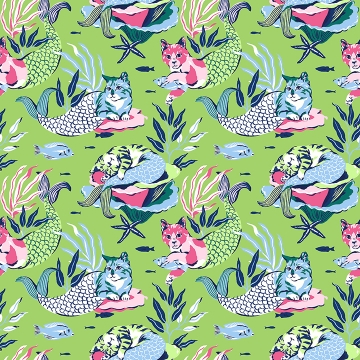 Picture of Meowing Mermaids Lime Green Peel and Stick Wallpaper