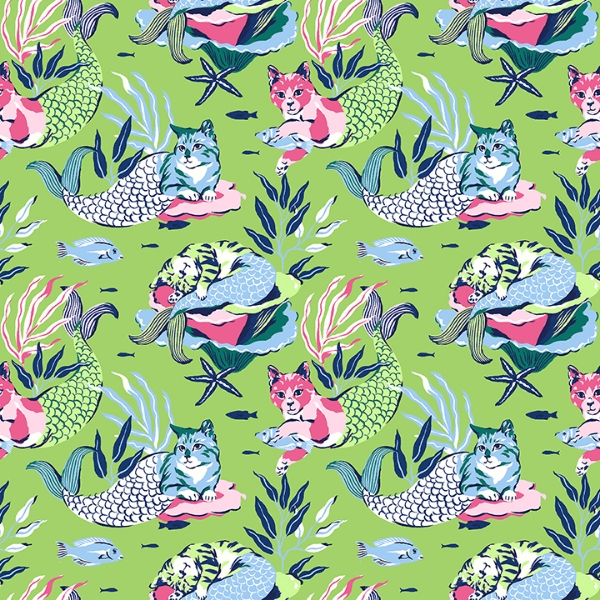 Picture of Meowing Mermaids Lime Green Peel and Stick Wallpaper