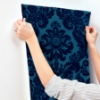 Picture of Shadow Blue Flocked Damask Wallpaper