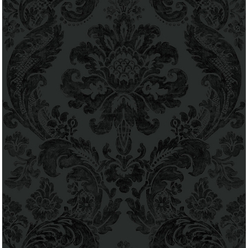 Picture of Shadow Black Flocked Damask Wallpaper