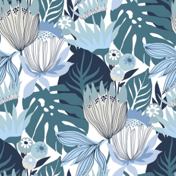 Picture of Retro Tropical Leaves Peel and Stick Wallpaper - Blue