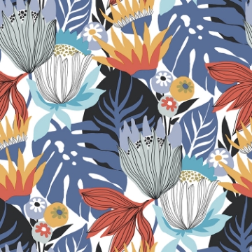 Picture of Retro Tropical Leaves Peel and Stick Wallpaper - Periwinkle