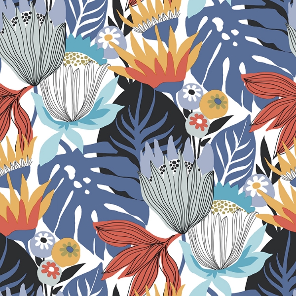 Picture of Retro Tropical Leaves Peel and Stick Wallpaper - Periwinkle