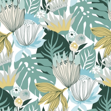 Picture of Retro Tropical Leaves Peel and Stick Wallpaper - Teal