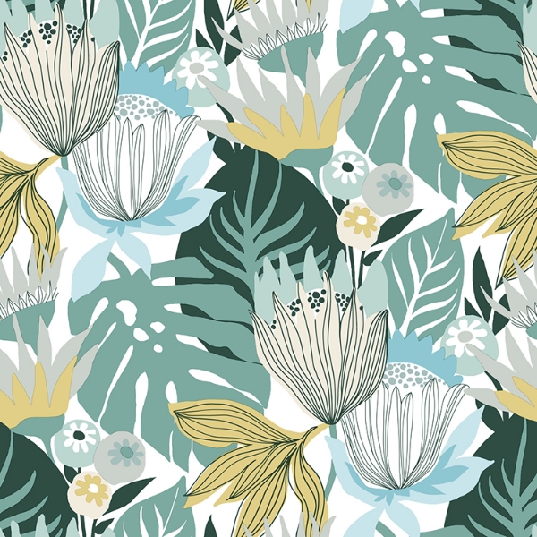 Picture of Retro Tropical Leaves Peel and Stick Wallpaper - Teal