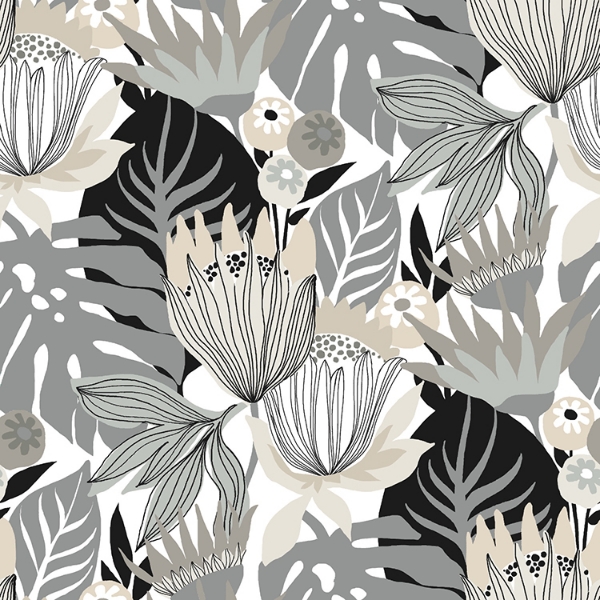 Picture of Tropical Leaves Peel and Stick Wallpaper - Gray