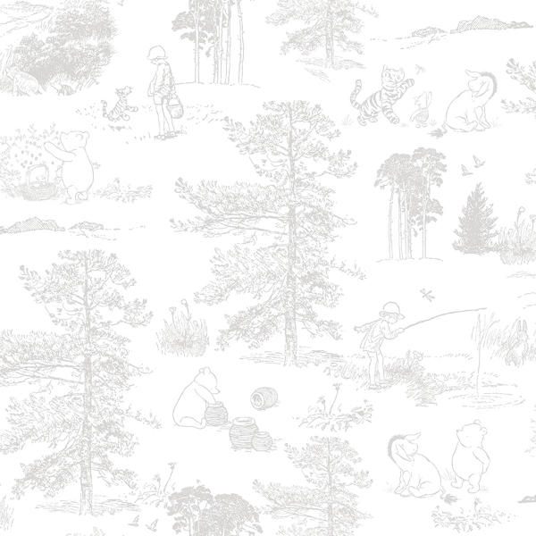 Picture of Winnie The Pooh Toile Peel & Stick Wallpaper - Grey