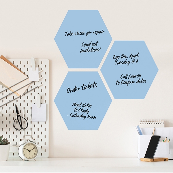 Picture of Blue Hexagon Dry Erase Peel and Stick Wall Decals