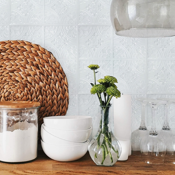 Picture of Bright White Tin Peel and Stick Tile Backsplash