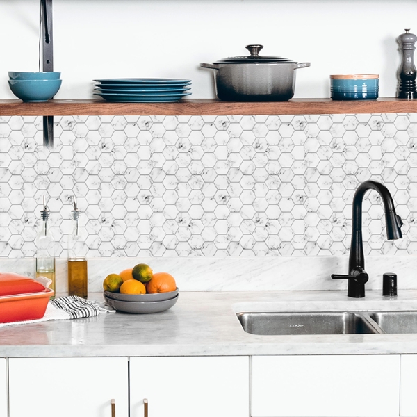 Picture of Carrara Marble Hexagon Peel and Stick Backsplash