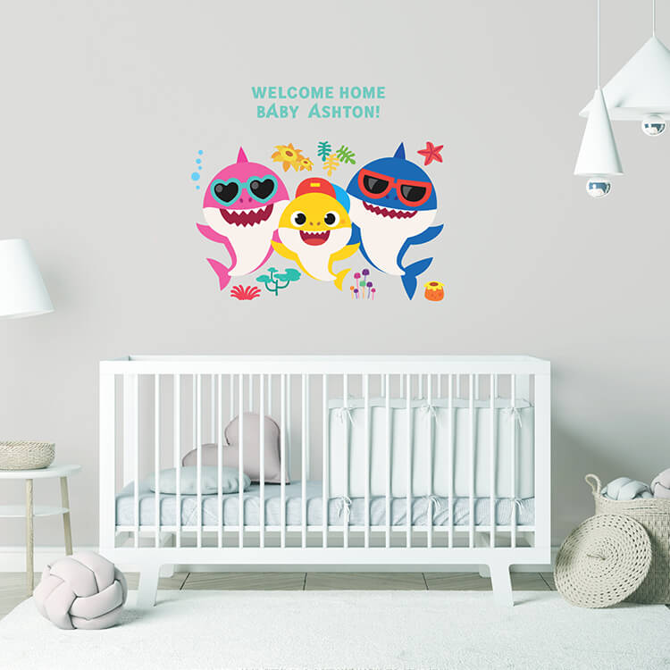 thumbnail interactive-video image 1 of Roommates Baby Shark Peel & Stick Wall Decals - 39 Tropical Characters, Removable Vinyl 1 of 6