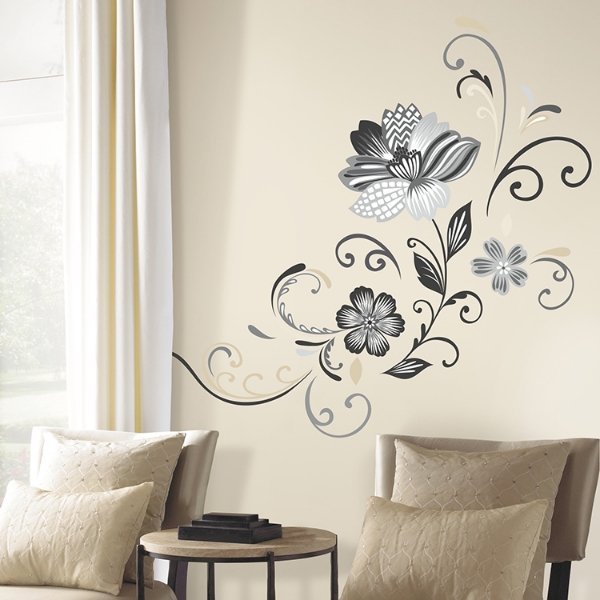 Picture of Black and White Flower Scroll Peel and Stick Giant Wall Decals