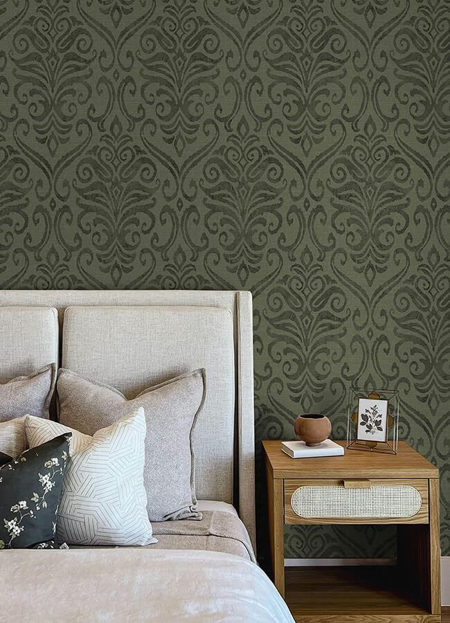 York Wallcoverings. 4148-27440 - Adavu Dark Green Damask Wallpaper - by ...