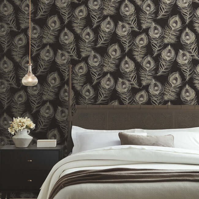 York Wallcoverings. Black Regal Peacock Wallpaper | York Designer Series