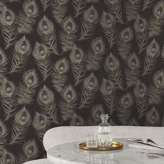 York Wallcoverings. Black Regal Peacock Wallpaper | York Designer Series