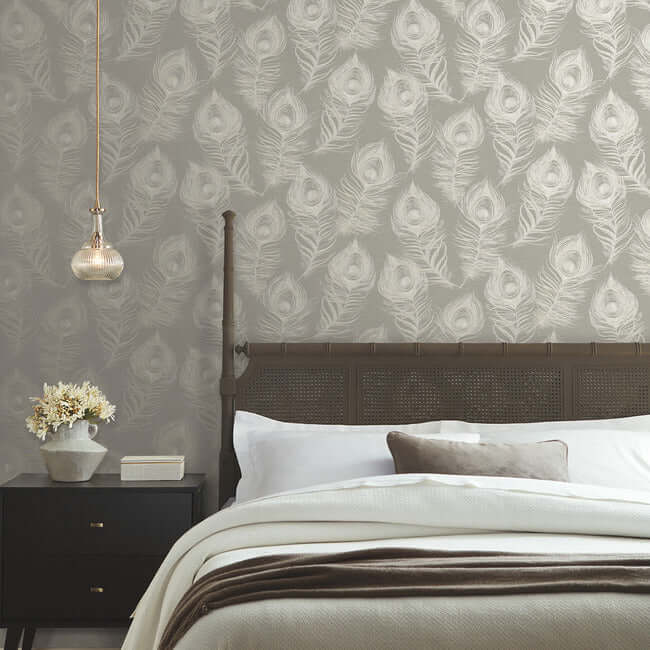 York Wallcoverings. Mink Regal Peacock Wallpaper | York Designer Series