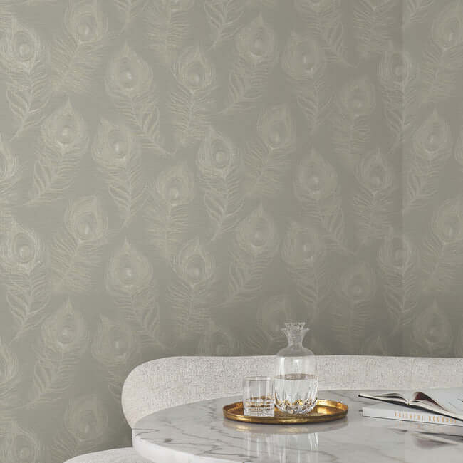 York Wallcoverings. Mink Regal Peacock Wallpaper | York Designer Series