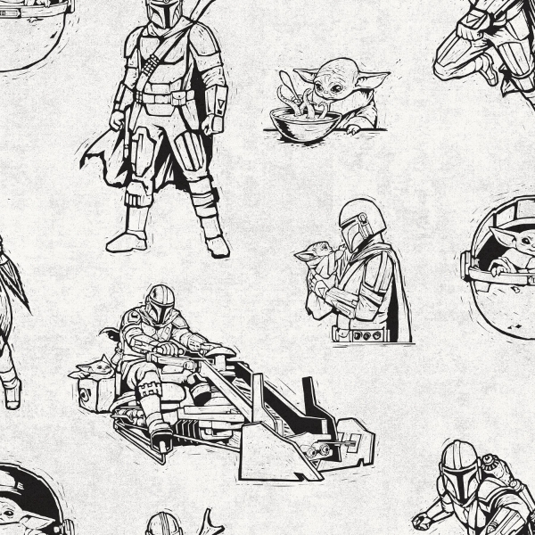 Picture of Star Wars The Mandalorian and Grogu Linocut Black Peel and Stick Wallpaper