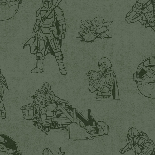 Picture of Star Wars The Mandalorian and Grogu Linocut Green Peel and Stick Wallpaper