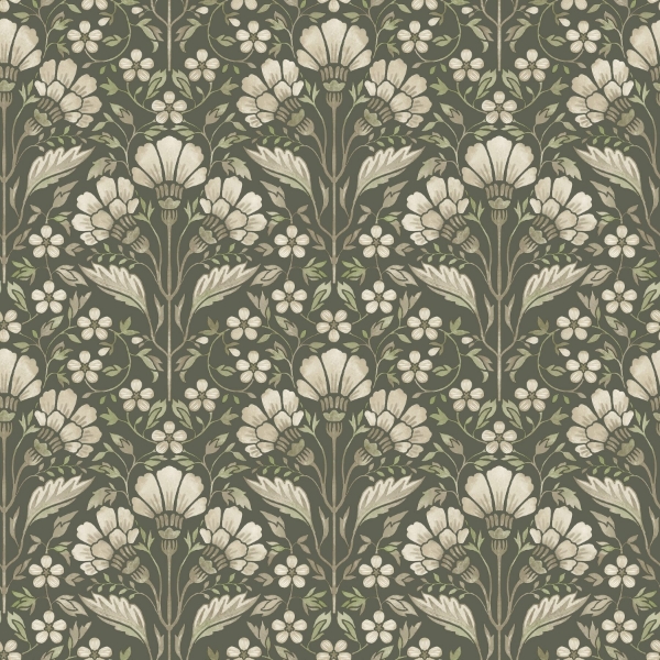 Picture of Edith Green Floral Damask Wallpaper