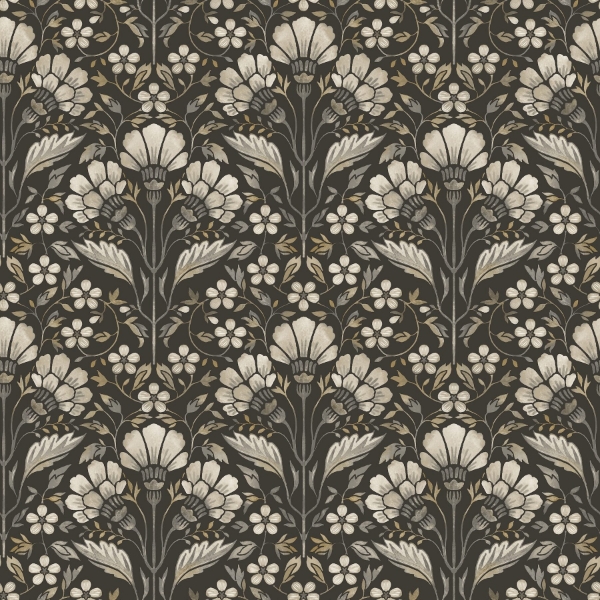Picture of Edith Black Floral Damask Wallpaper